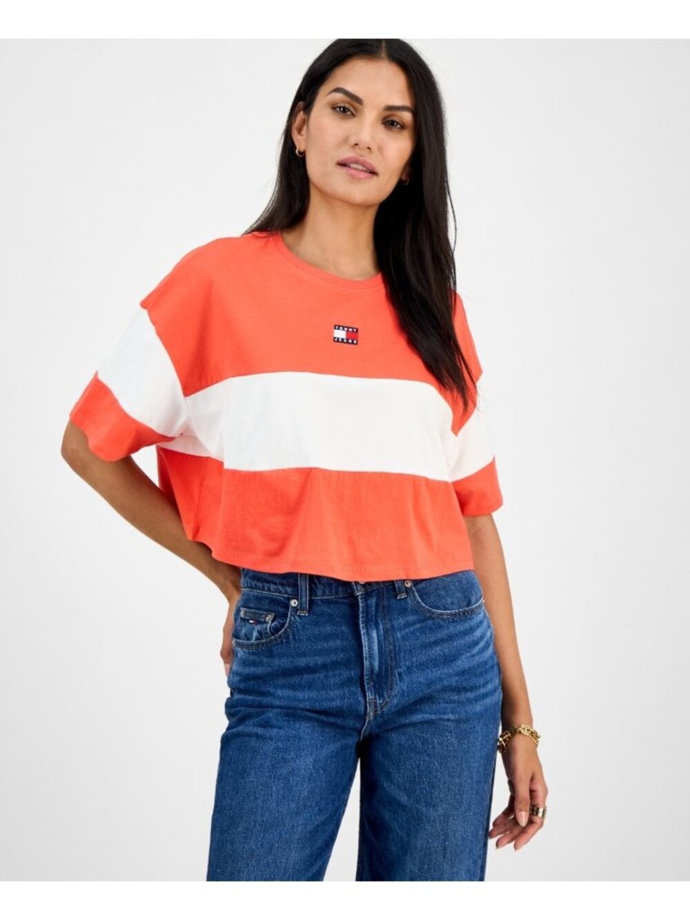 Tommy Jeans Women Colorblock Cotton Crop Cotton T-Shirt Orange White Size L